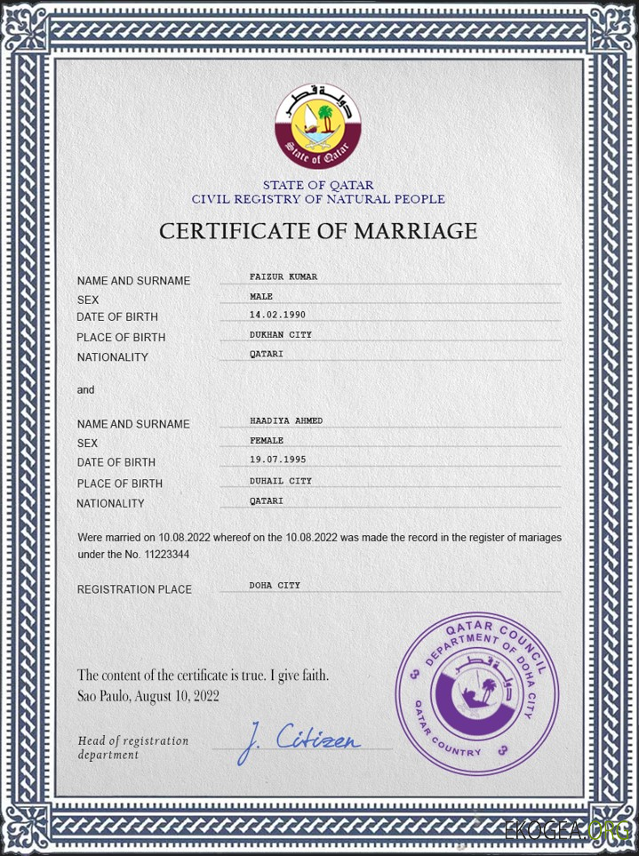 Modèle PSD de certificat de mariage du Qatar